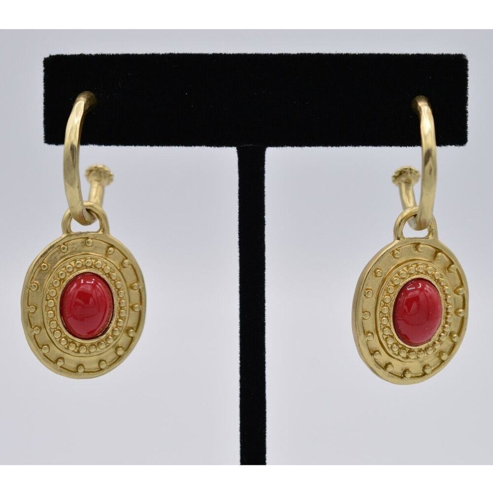 Vintage Red Cabochon Earrings White Reversible Dangle Brushed Sandy Gold BinAG